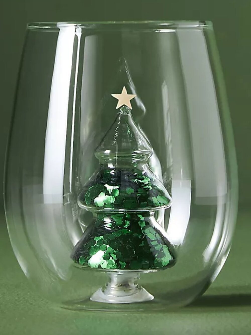 Set of 2 Anthropologie Yuletide Stemless Wine Glasses Green Glitter Tree NWT!!